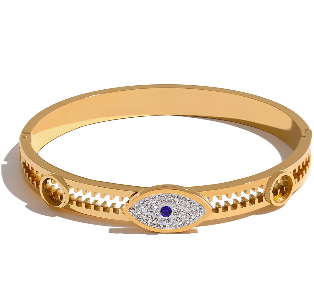 60mm Statement Evil Eye Stainless Steel Metal Cubic Zirconia Real Gold Plated Bangle Bracelet for Women Fashion Jewelry
