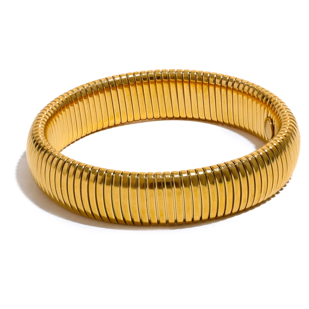 Waterproof Stainless Steel Elastic Thick Metal Bracelet Bangle 18K Gold Plated Trend Fashion Unisex Jewelry Men Women