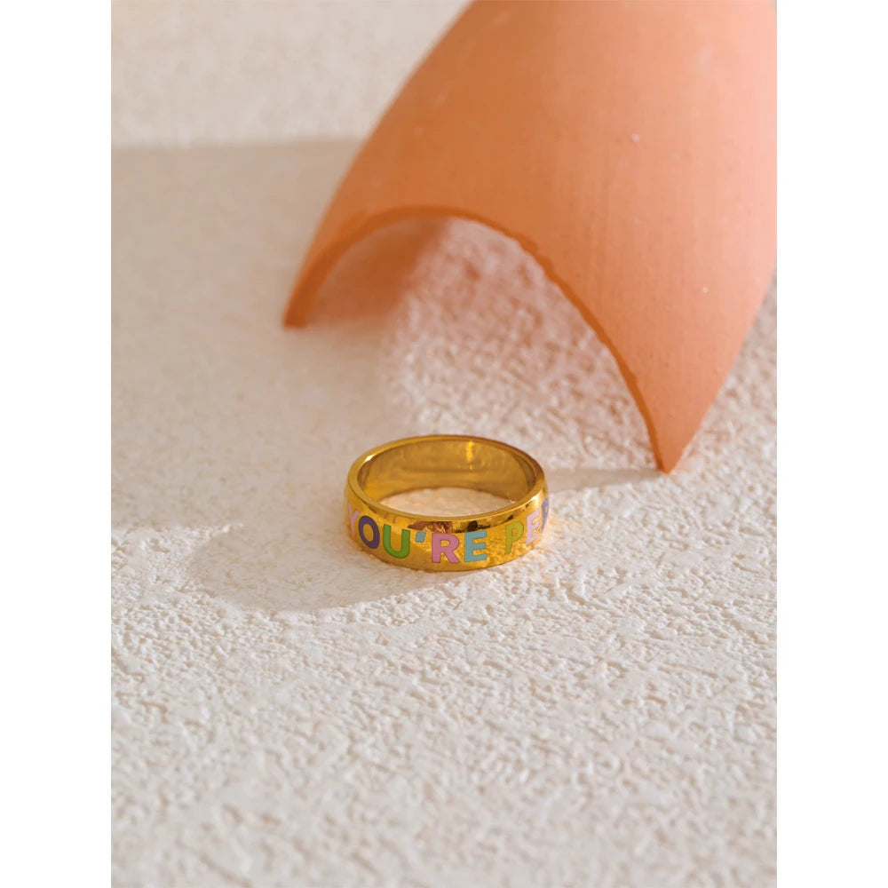 6789# Stainless Steel “You‘Re Perfect” Confident Fashion Ring for Women 18K Gold PVD Plated Minimalist Finger Jewelry Gift
