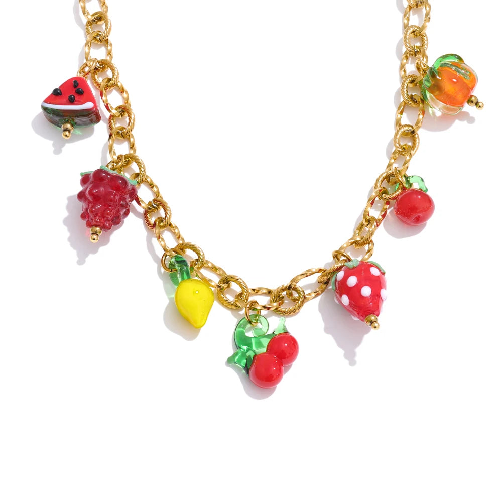 Sweet Spring Summer Colored Glaze Fruit Charm Pendant Necklace Gold Color Stainless Steel Trendy Jewelry for Girls Ladies