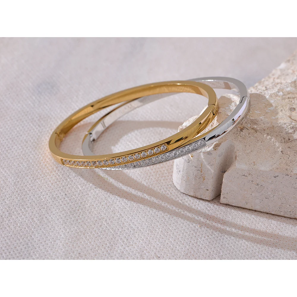 60mm Chic Shiny Cubic Zirconia Daily Bracelet Bangle 316L Stainless Steel Fashion Trendy Waterproof Jewelry Accessories