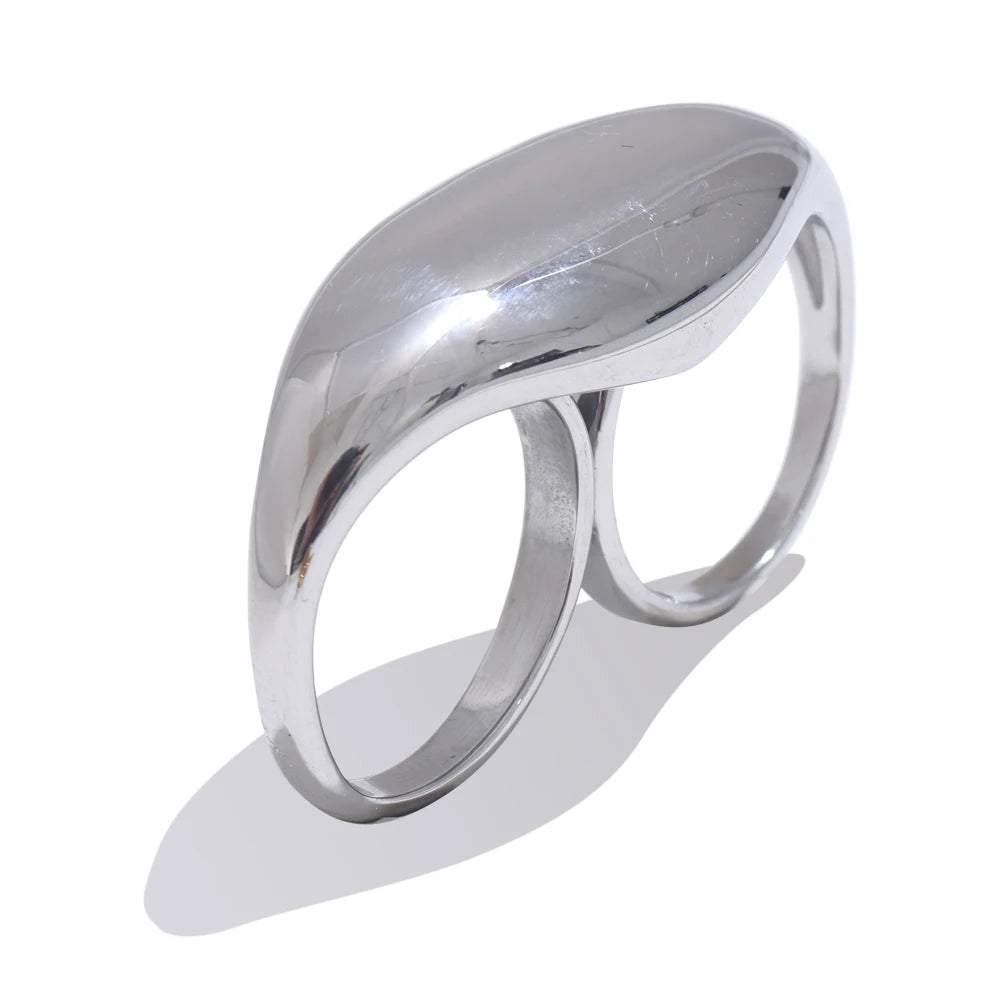 Stainless Steel Metal Double Finger Geometric Ring Personality Rust Proof Attractive Big Exaggerated Jewelry Gift