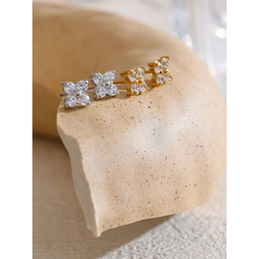 Popular Waterproof Shiny Cubic Zirconia Flower Sweet Stud Earrings 316L Stainless Steel Delicate Premium Daily Jewelry