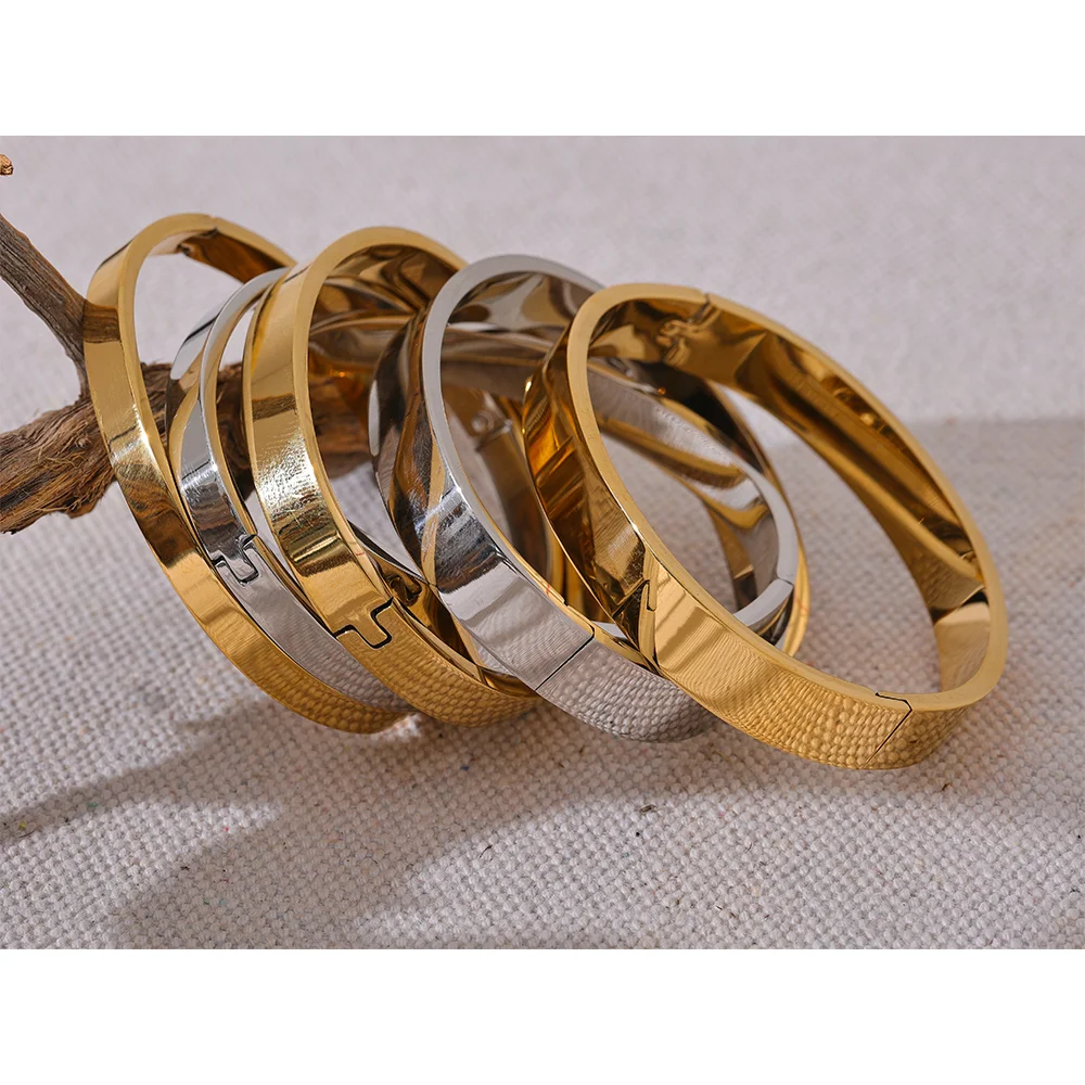 High Quality Stainless Steel Round Wide Bracelet Bangle Fashion Texture Gold Silver Color Waterproof Charm Jewelry Gift