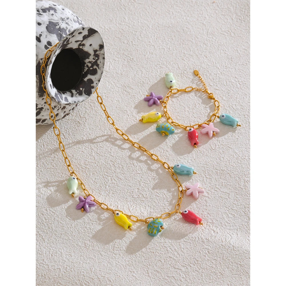 Fashion Stainless Steel Ceramic Starfish Fish Drop Y2K Necklace Bracelet Bangle Tarnish Resistant Popular Cute Jewelry