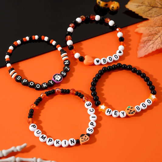 Vibrant Halloween Pumpkin Ghost Handmade Clay Bead Crystal Bracelet - Unique Party Suitable