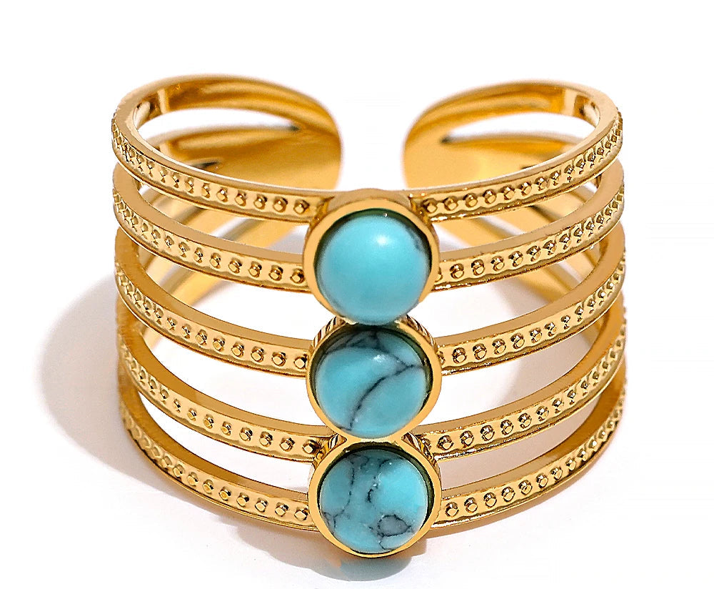 Natural Turquoise Stone Stainless Steel Ring Summer Bohemia Woman Jewelry Trendy Cheap Open Finger Ring Accessory