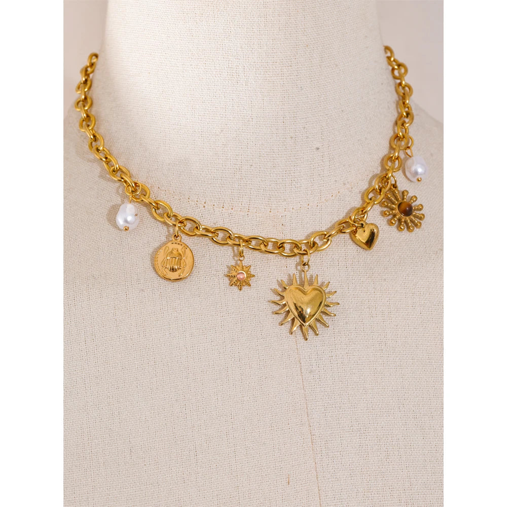 Summer Sun Heart Drop Charms Necklace Trendy Stainless Steel Handmade Collar Golden PVD Jewelry Waterproof for Women