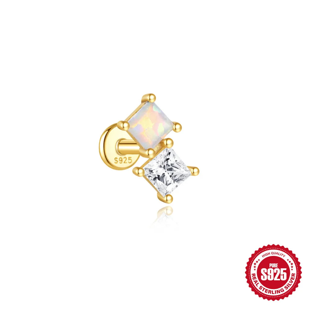 CANNER 1Pc 925 Silver Smooth Stars Moon Stud Earrings For Women 18K Gold Flat Head Threaded Puncture Ear Bone Ins Fine Jewelry