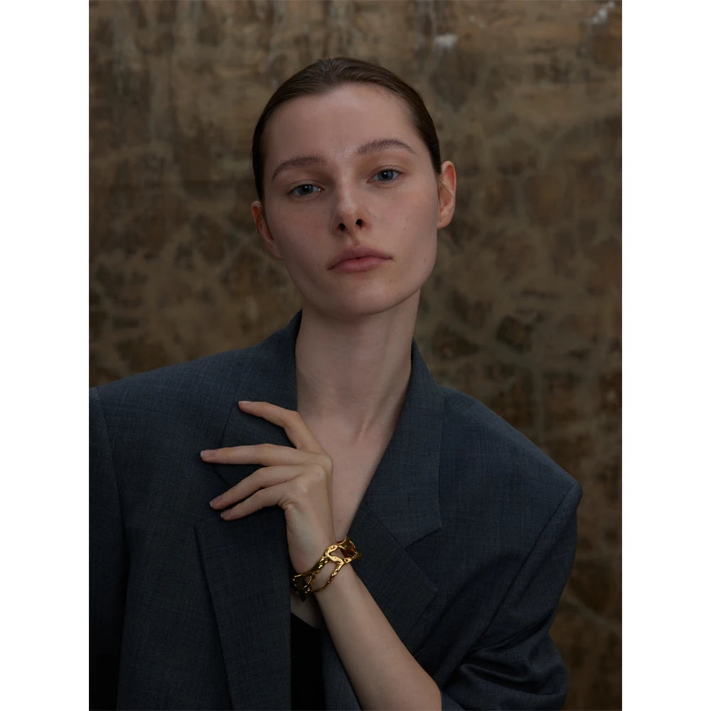 Stylish Unique Design Stainless Steel Metal Hollow Wide Cuff Bracelet Bangle Texture Rust Proof 18K PVD Plated Jewelry