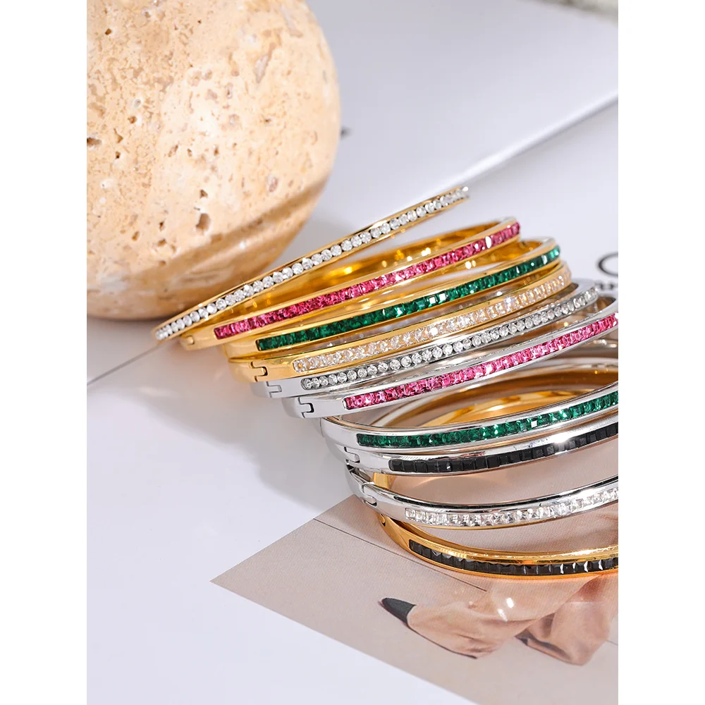 Two Shape Round Square Colorful Cubic Zirconia Stainless Steel Bracelet Bangle Luxury Fashion Women Jewelry Bijoux