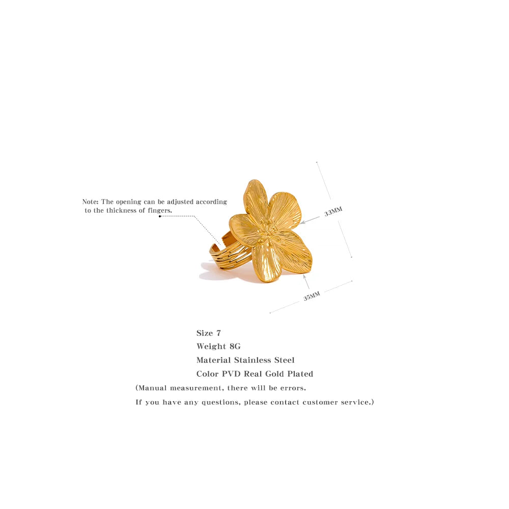 Waterproof 18K Gold Color Stainless Steel Flower Big Open Ring for Women Trendy Fashion Party Summer Statement Jewelry