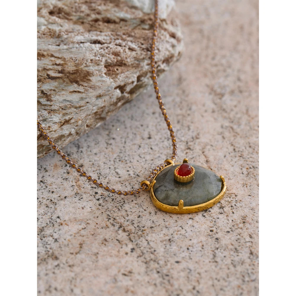 Natural Spectrolite Agate Stone Oval Pendant Necklace for Women Golden Stainless Steel Exquisite Fashion Jewelry Gift