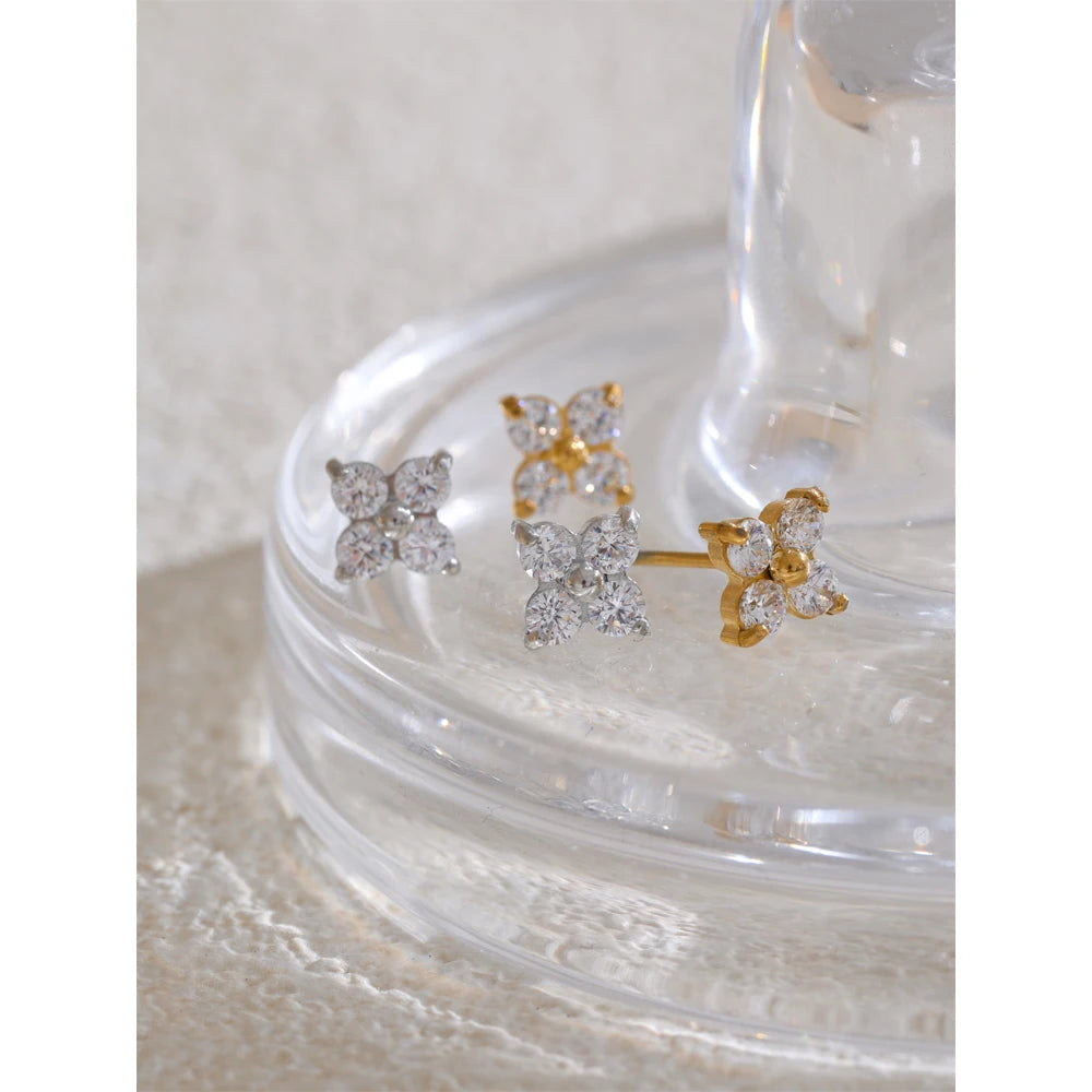 Popular Waterproof Shiny Cubic Zirconia Flower Sweet Stud Earrings 316L Stainless Steel Delicate Premium Daily Jewelry