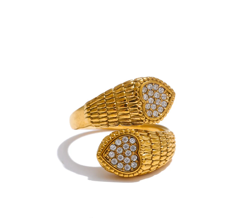 Stylish Adjustable Stainless Steel Zirconia Heart Snake Ring for Women 18K PVD Plated Jewelry New