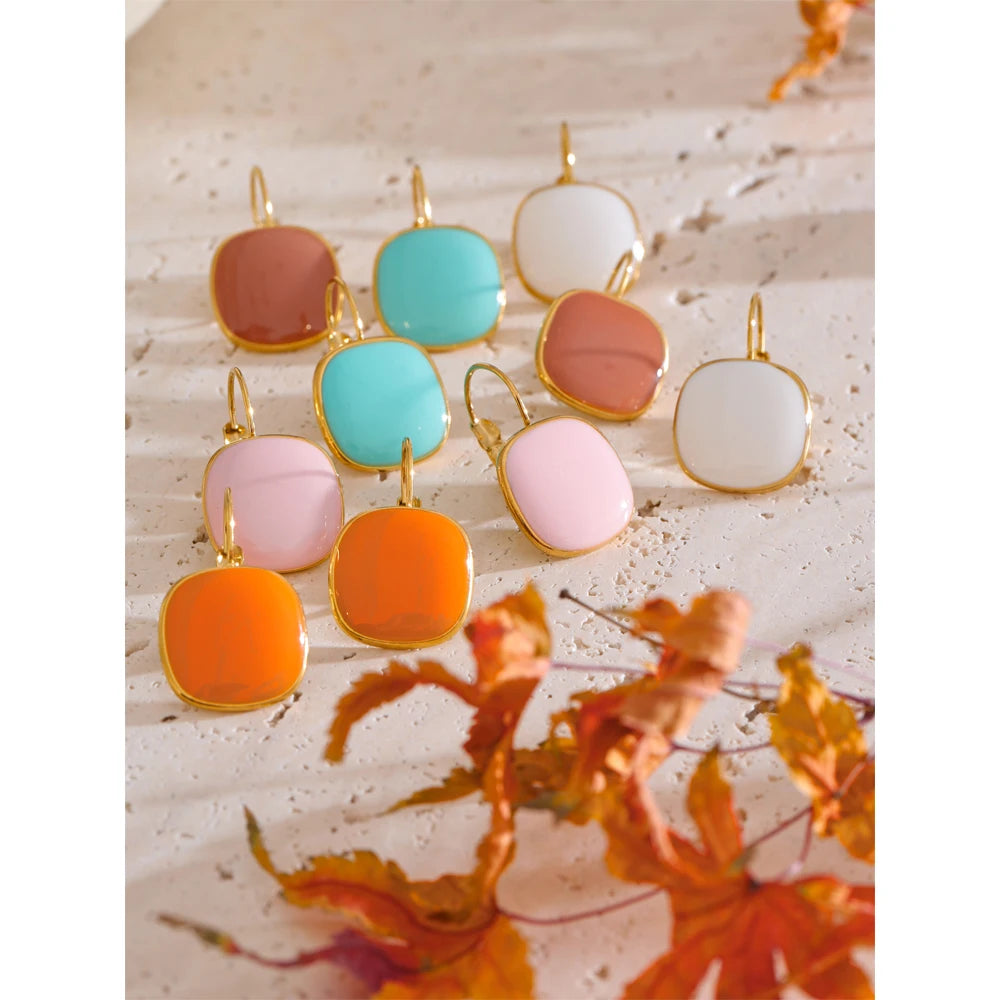 Joyful Candy Multicolor Enamel Square Hoop Earrings 18K Golden Plated Stainless Steel Spring Summer Jewelry Waterproof