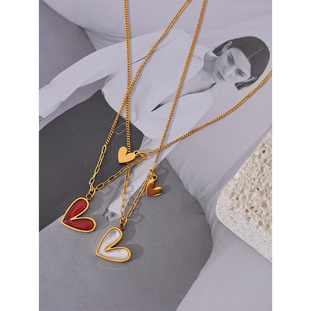 Red Enamel White Natural Shell Stainless Steel Heart Pendant Necklace Trendy Exquisite Jewelry Attractive Accessories