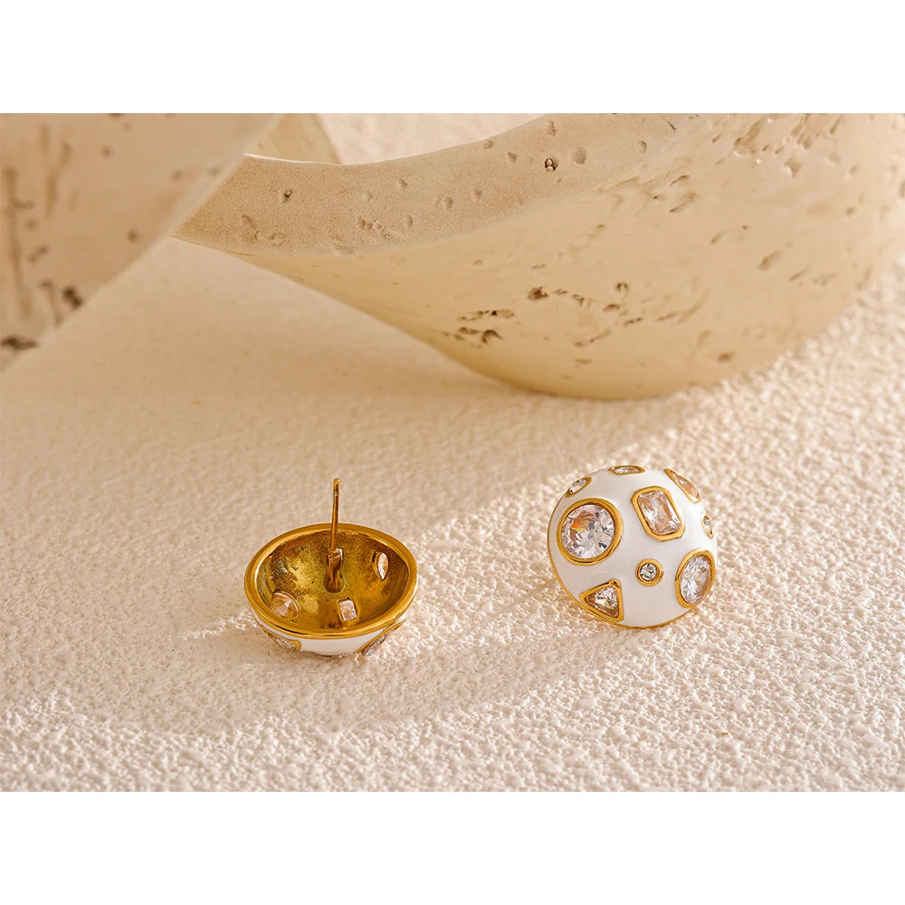 Stainless Steel White Enamel inlaid Cubic Zirconia Charm Stud Earrings for Women Fashion Waterproof Jewelry