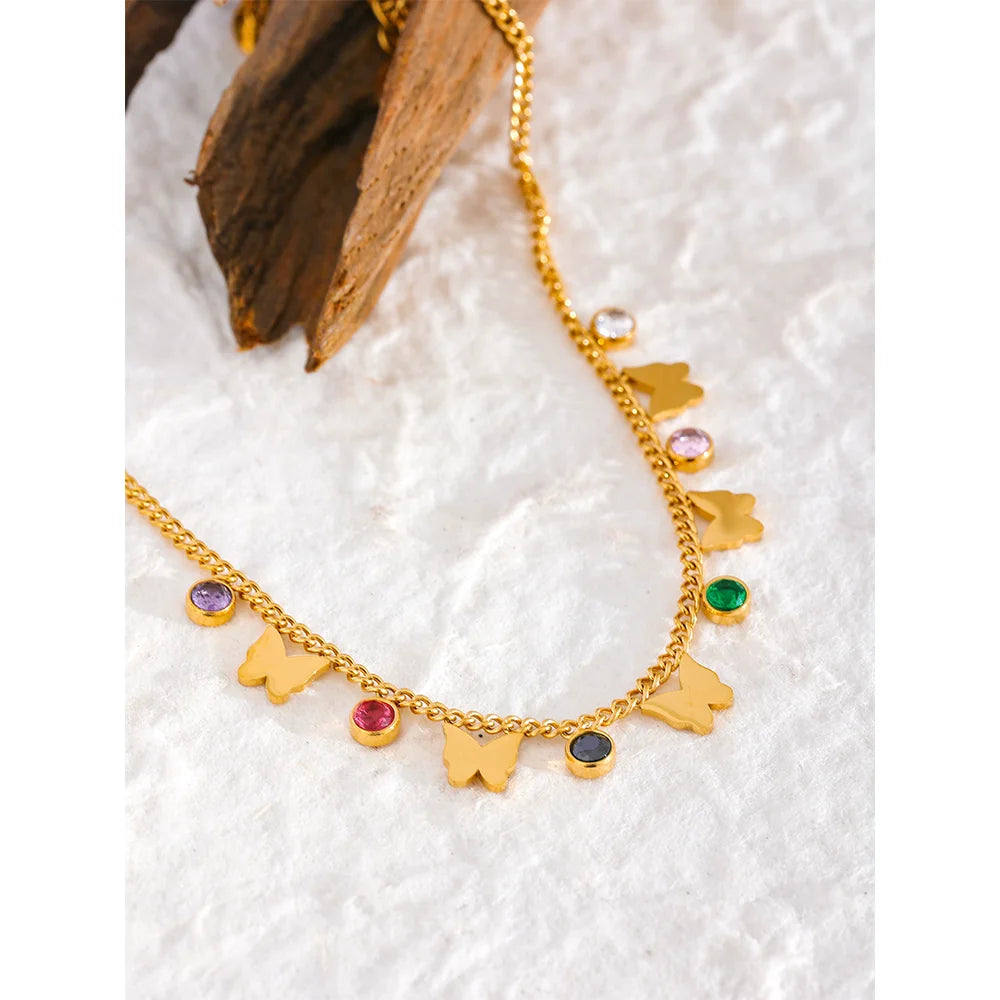 Exquisite Colorful Cubic Zirconia Butterfly Drop Chain Stainless Steel 18K Gold Color Anklet Bracelet Trendy Jewelry