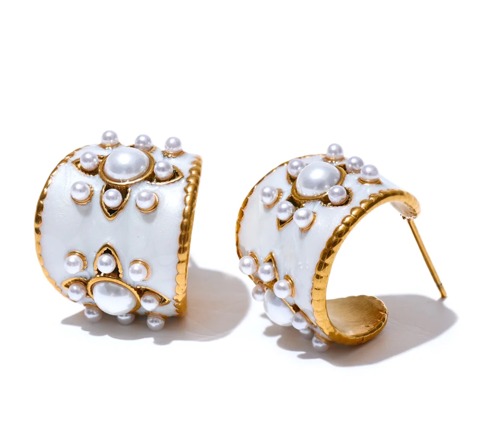 Exquisite Imitation Pearls White Enamel Metal Stainless Steel Flower Geometric Earrings Chic Daily Fashion Jewelry New