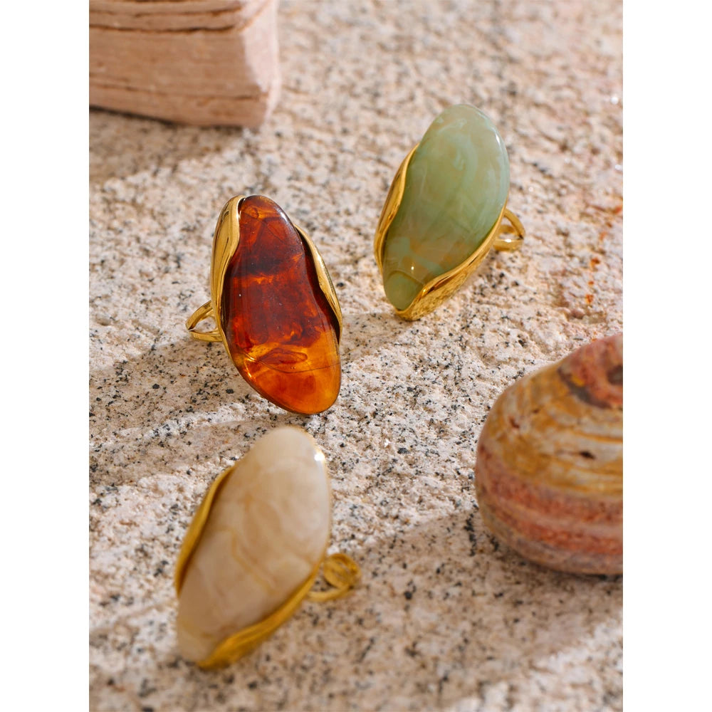 New Design Brown Green Beige Resin Geometric Adjustable Ring Golden PVD Stainless Steel Rust Proof Finger Jewelry Gift