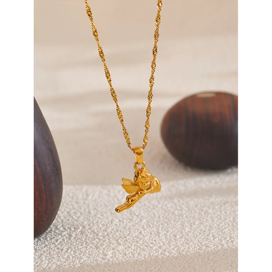 Stainless Steel Angel Heart Pendant Expressing Love Blessing Necklace 18K PVD Plated Waterproof Jewelry Gift Accessories