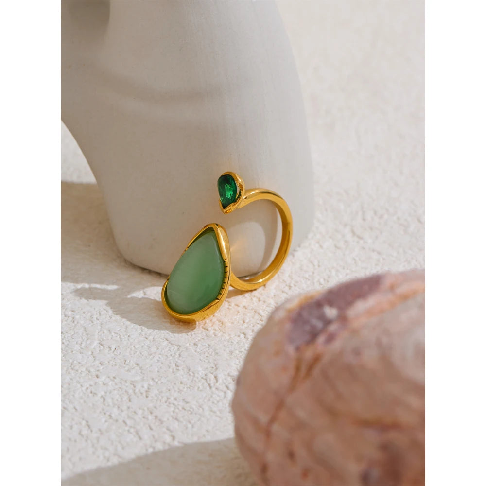 Arrival Green Natural Stone Zirconia Water Drop Geometric Golden Ring for Women Stainless Steel Stylish Jewelry Gift