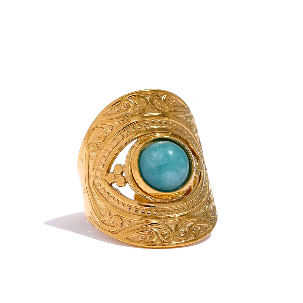 Vintage Red Blue Natural Stone Stainless Steel Open Ring Fashion Trendy Jewelry for Women