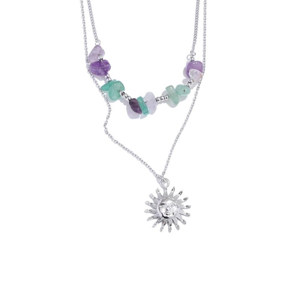 2025 Natural Stone Double-Layer Chain Sun Pendant Necklace for Women 316L Stainless Steel Handmade Jewelry Gift