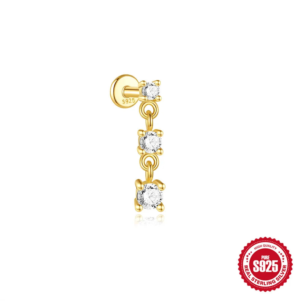 CANNER 1Pc 925 Silver Smooth Stars Moon Stud Earrings For Women 18K Gold Flat Head Threaded Puncture Ear Bone Ins Fine Jewelry
