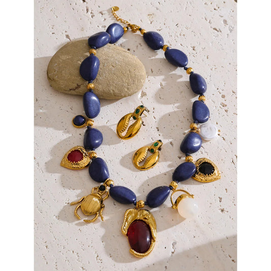 Stylish Unique Blue Acrylic Chain Pearl Heart Insect Drop Necklace Earrings Stainless Steel Charm Handmade Jewelry Gift