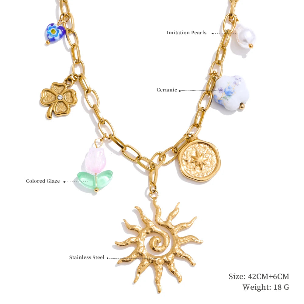 Trendy Sun Ocean Charm Pendant Handmade Jewelry Golden Waterproof PVD Plated Stainless Steel Summer Jewelry 2025 Wholesale