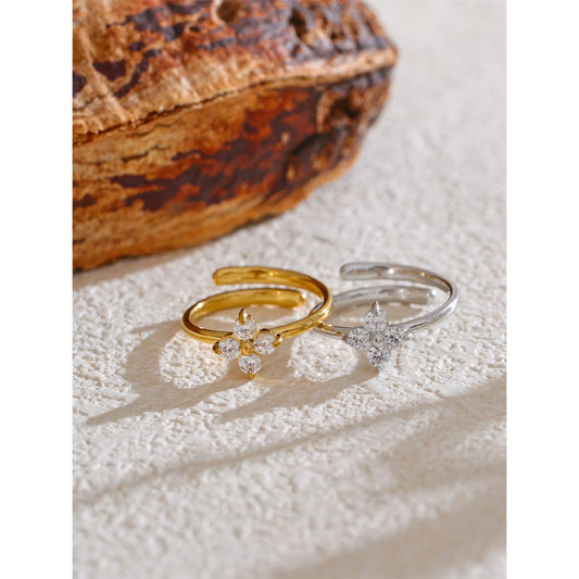 Exquisite Stainless Steel Bling Cubic Zirconia Flower Adjustable Ring for Women Fashion Shiny Finger Jewelry New