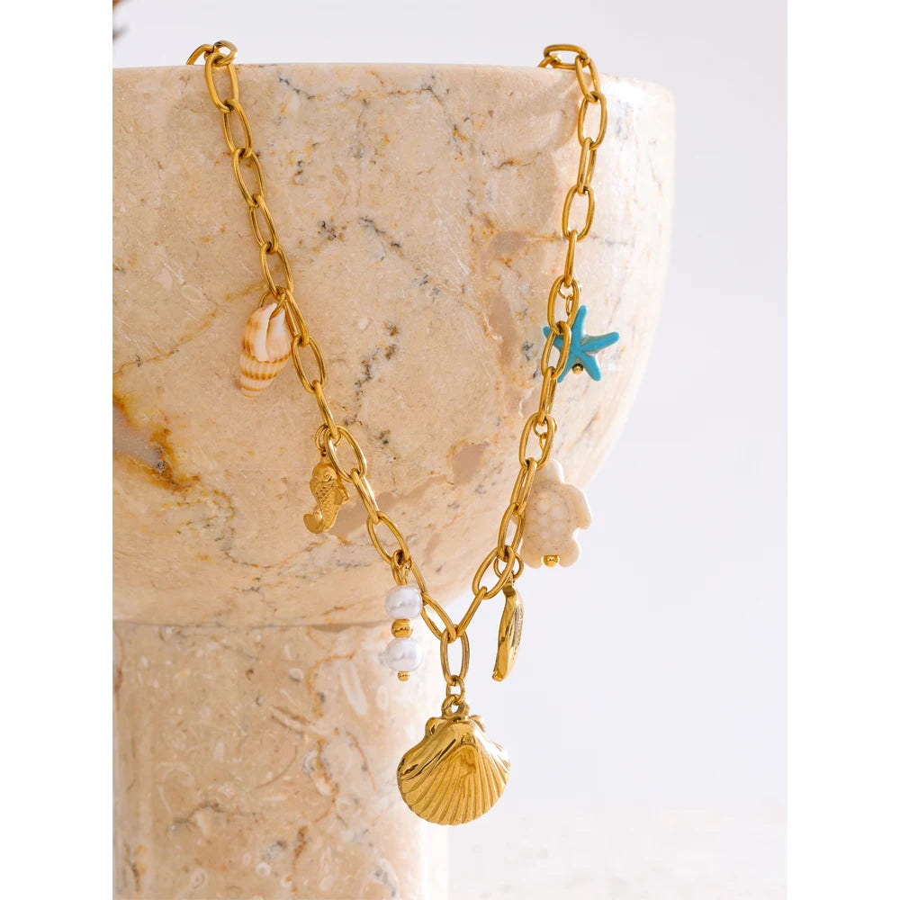 Ocean Style Starfish Shell Pendant Handmade Necklace Bracelet Summer Vacation Stainless Steel Jewelry Waterproof