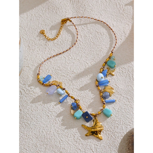 Ocean Style Handmade Jewelry Exquisite Blue Resin Metal Starfish Shell Drop Collar Necklace Stainless Steel Accessories