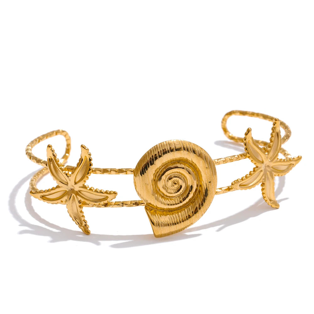 Ocean Series Golden PVD Starfish Shell Sun Cuff Bracelet Open Wrist Jewelry Stainless Steel Bangle for Summer Holiday