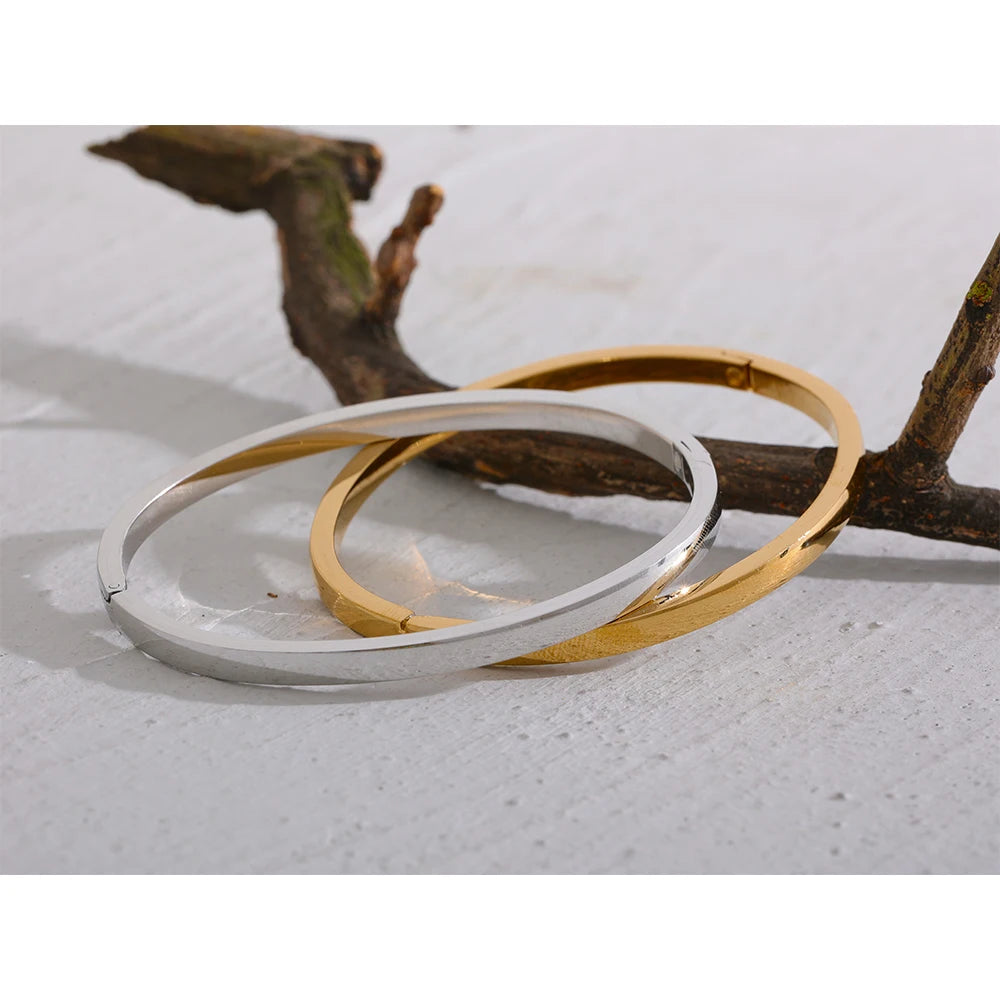 60mm Waterproof 316L Stainless Steel Round Smooth Bracelet Bangle Women Minimalist 18k Gold Color Texture Charm Jewelry