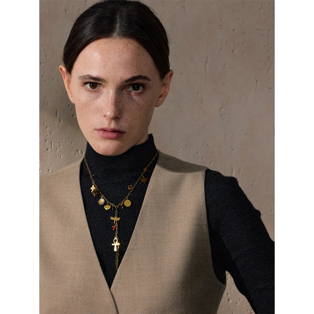 Stainless Steel Natural Stone Dragonfly Wing Cross Heart Pendant Accessorics Drop Short Necklace Handmade Collar Jewelry