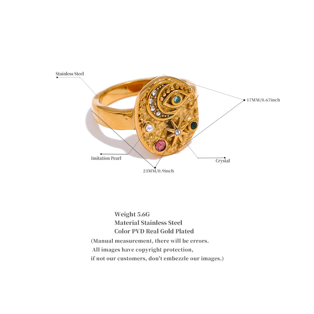 Stainless Steel Star Moon Eye Charms Ring Colorful CZ Zirconia 18K Gold Color High Quality Celestial Jewelry Women Gala