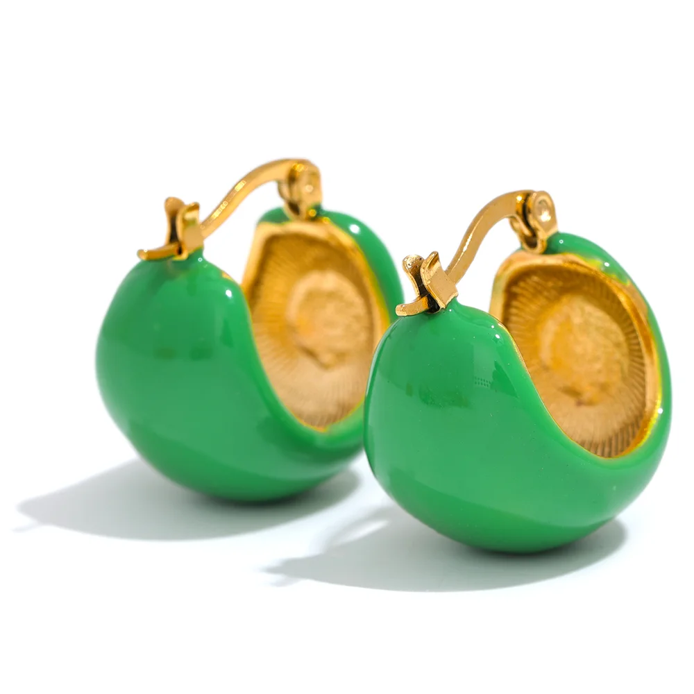 Fashion Black White Green Enamel Geometric Stainless Steel Chunky Round Hoop Earrings Women Waterproof Stylish Jewelry