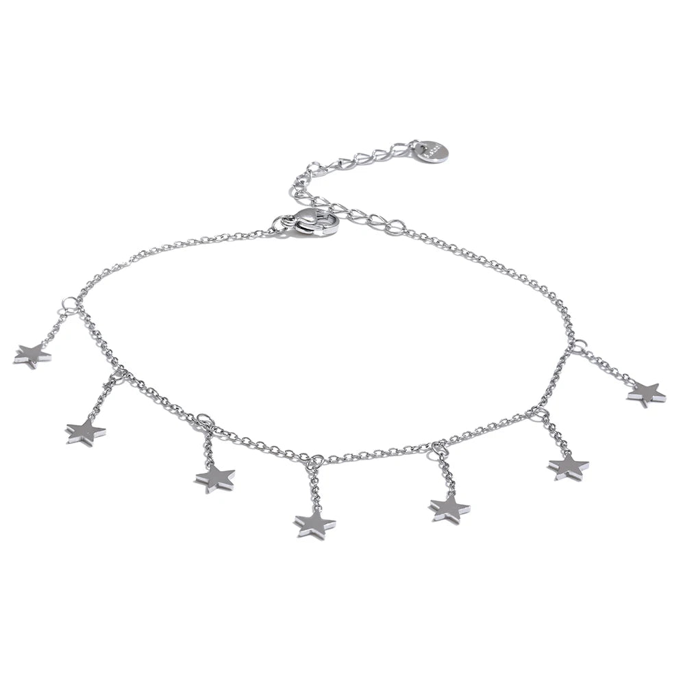 316L Stainless Steel Long Star Chain Anklet Summer Beach Foot Jewelry 18K PVD Plated Waterproof Accessories
