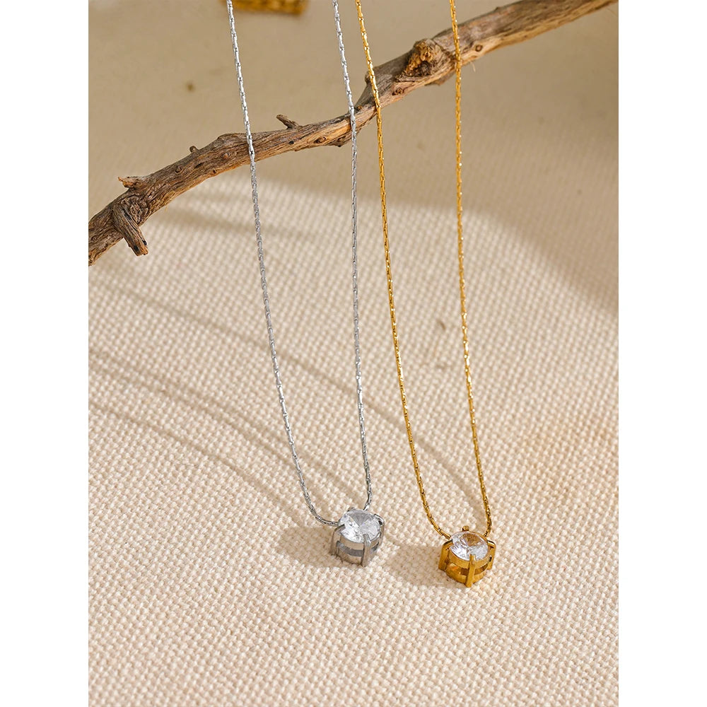 Korean Chic Stainless Steel Shiny Cubic Zirconia Cast Delicate Necklace Pendant for Women Daily Waterproof Basic Jewelry