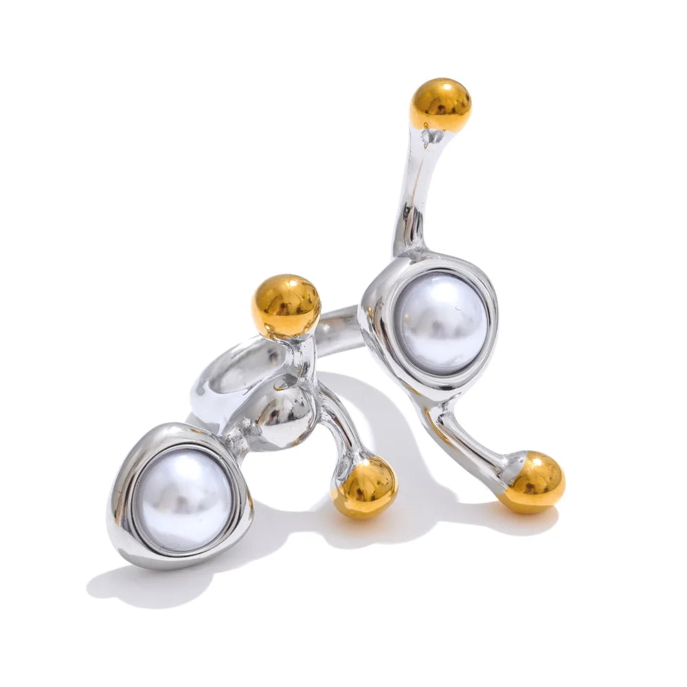 Stylish Unique Design Pearls Geometric Adjustable Ring Personalized Stainless Steel Trending Finger Jewelry 2025
