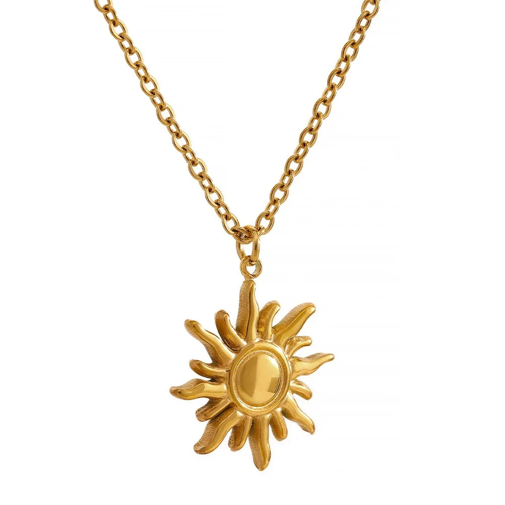 Stainless Steel Golden Casting Sun Pendant Necklace Waterproof Simple Fashion Metal Texture Trendy Jewelry for Woman