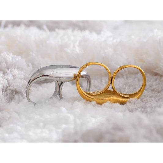 Stainless Steel Metal Double Finger Geometric Ring Personality Rust Proof Attractive Big Exaggerated Jewelry Gift