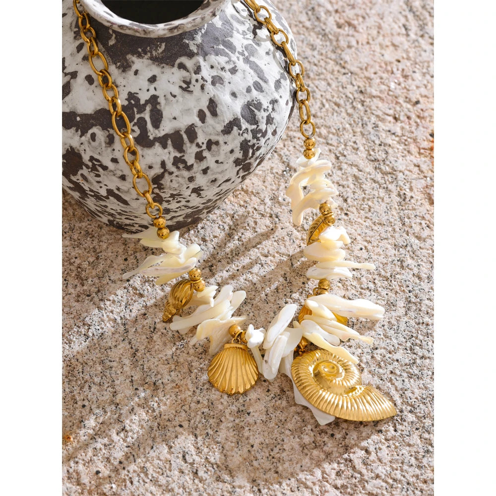 Summer Handmade Jewellery 316L Stainless Steel Resin Conch Shell Drop Necklace Golden PVD Plated Holiday Gift Accessories