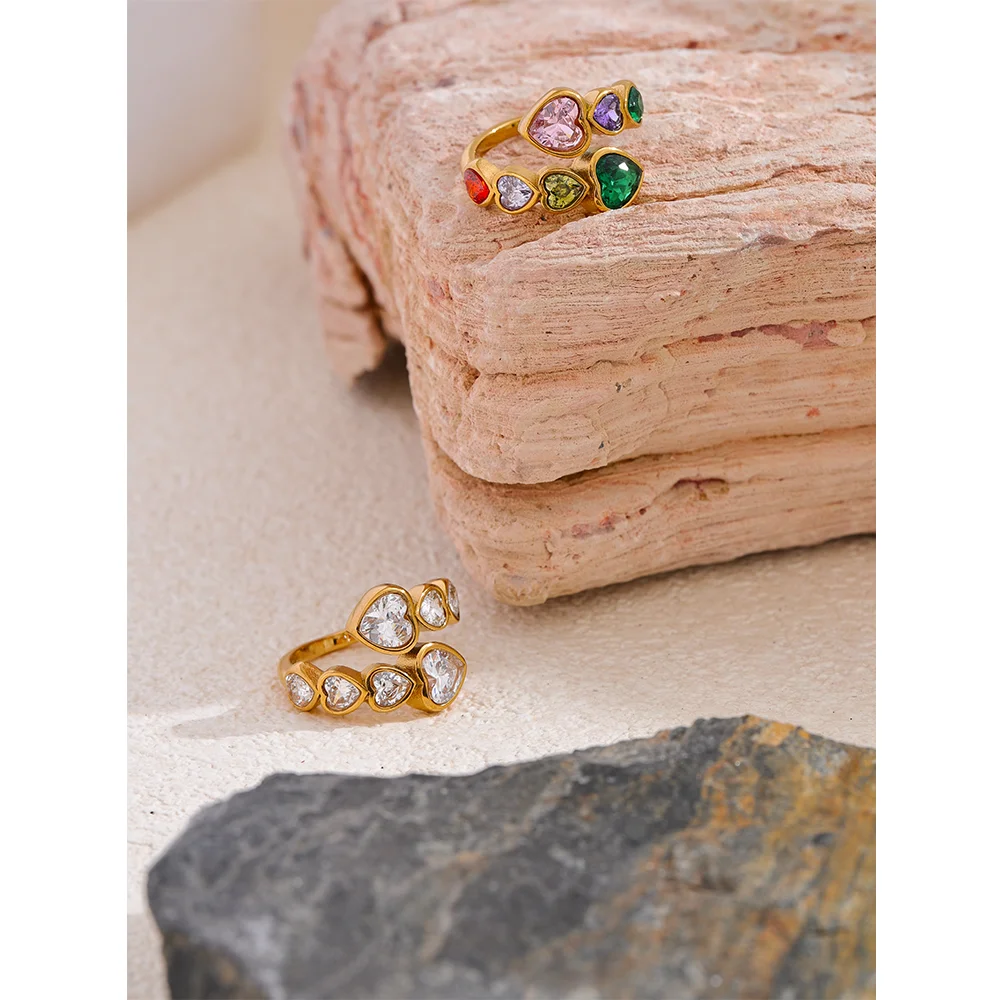 Delicate Cubic Zirconia Heart Stainless Steel Gold Color Adjustable Fashion Open Ring High Quality Chic Charm Jewelry
