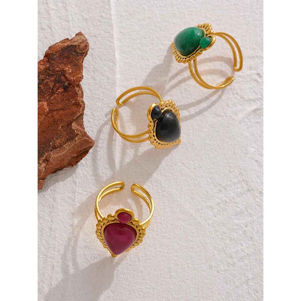 Vintage Natural Stone Artificial Agate Stainless Steel Metal Open Ring 18K Gold Plated Waterproof Fashion Jewelry Women
