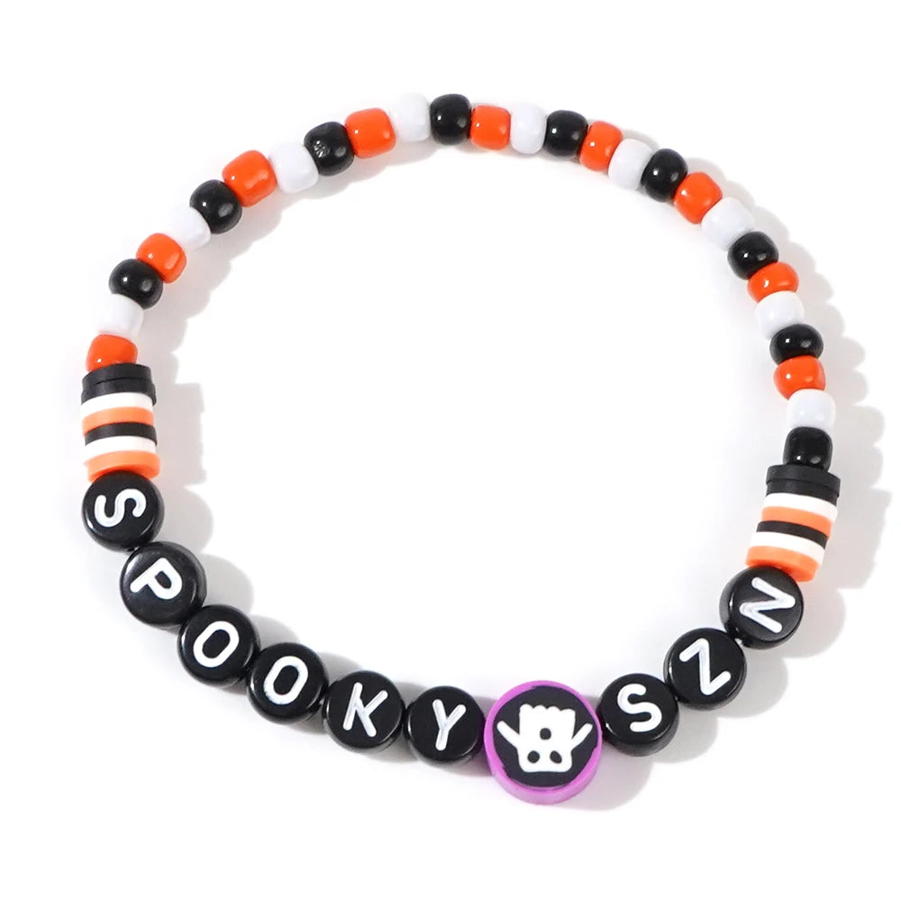 Vibrant Halloween Pumpkin Ghost Handmade Clay Bead Crystal Bracelet - Unique Party Suitable