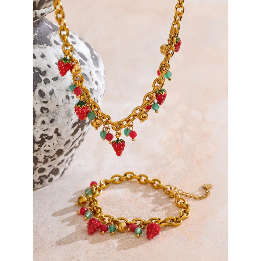 Trendy Stainless Steel Red Enamel Stone Strawberry Drop Charms Necklace Bracelet Hot Style Golden Plated Handmade Jewelry